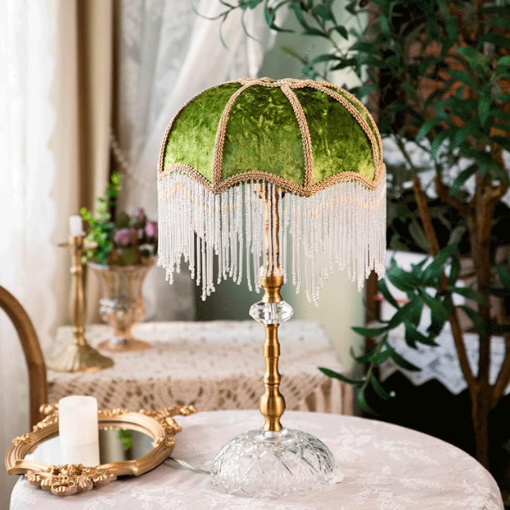 Table Lamp Retro LED Table Lamp, Velvet Fabric Lampshade Desk Lamp with Beaded Tassel Design, Bedroom Bedside Decoration Reading Lamp Home (Color : Dimming)