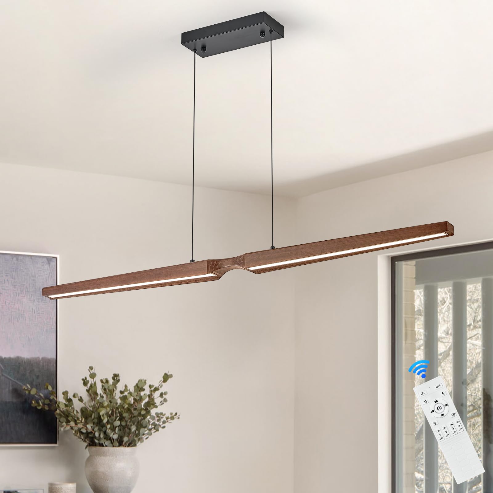 Modern LED Linear Pendant Lights 52 inch LED Chandelier Lighting for Home Office Black and Wood Dining Room Hanging Light Fixture Modern Dimmable Kitchen Island Lighting