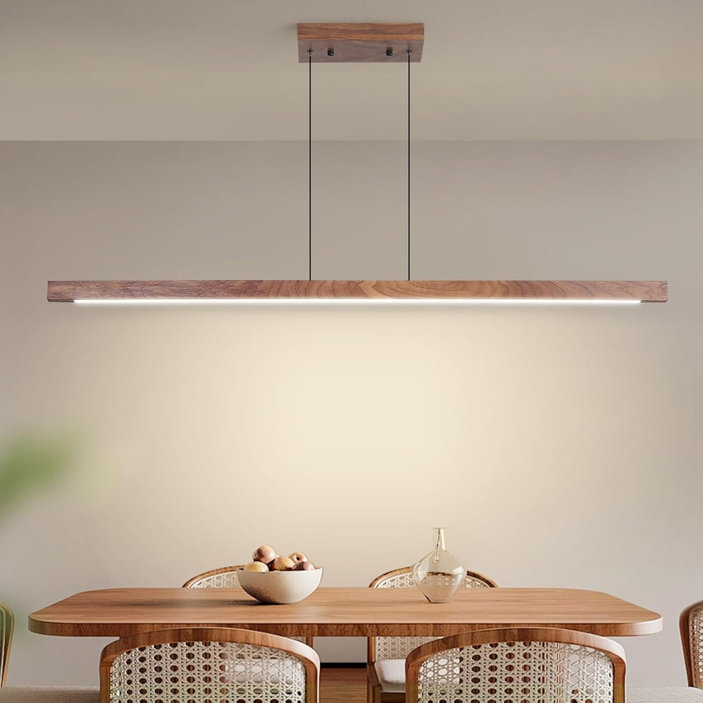 Modern Wooden Pendant Light, 47IN Walnut Wooden Chandelier with Remote Control 3000k-6500K Adjustable Color Temperature，Aluminum Island Lighting Lamp for Dining Room, Living Room