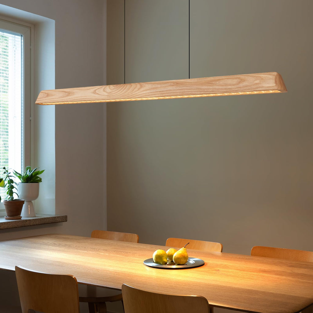57" Wood Linear Pendant Light, Dimmable Kitchen Island Lighting with Remote, 30W LED Island Lights for Kitchen, Adjustable Linear Chandelier for Dinning Room Light Fixture, Bar, Pool Table Light