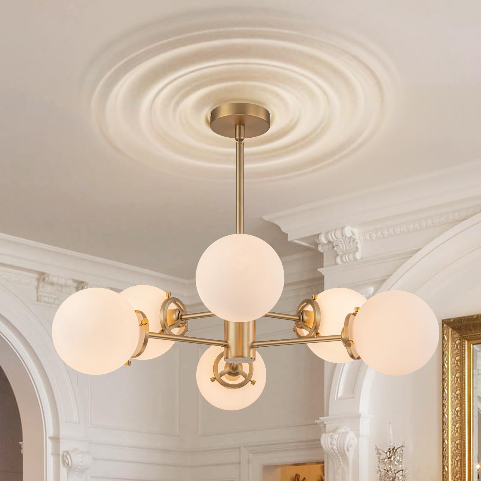 Brushed Gold 4-Light Linear Chandelier, Milk Glass Globe Dining Room Light