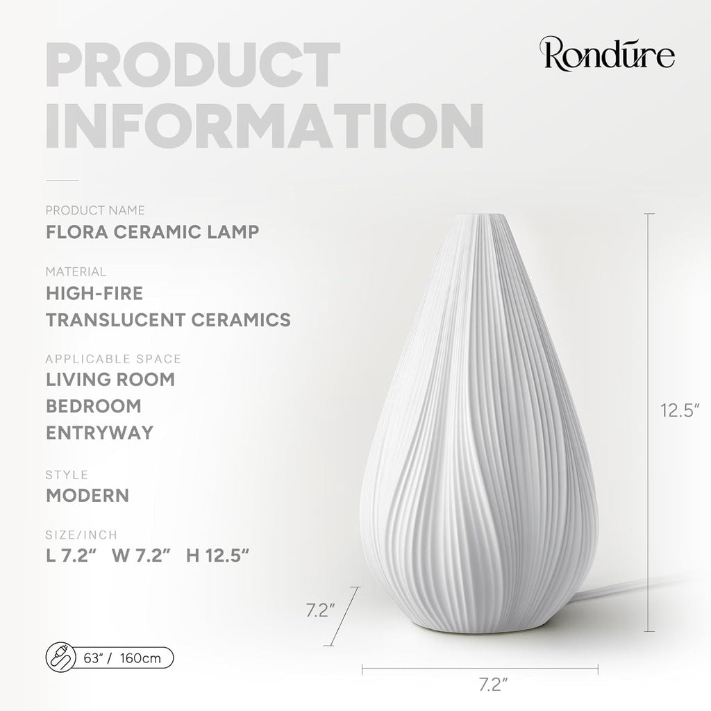 RONDURE 12.5" Modern Ceramic Table Lamp, Fully Dimmable Bedside Lamp for Bedroom Living Room Nightstand, White Translucent Ceramic Shade, Warm Ambient Decorative Corded Lighting, Bulb Included