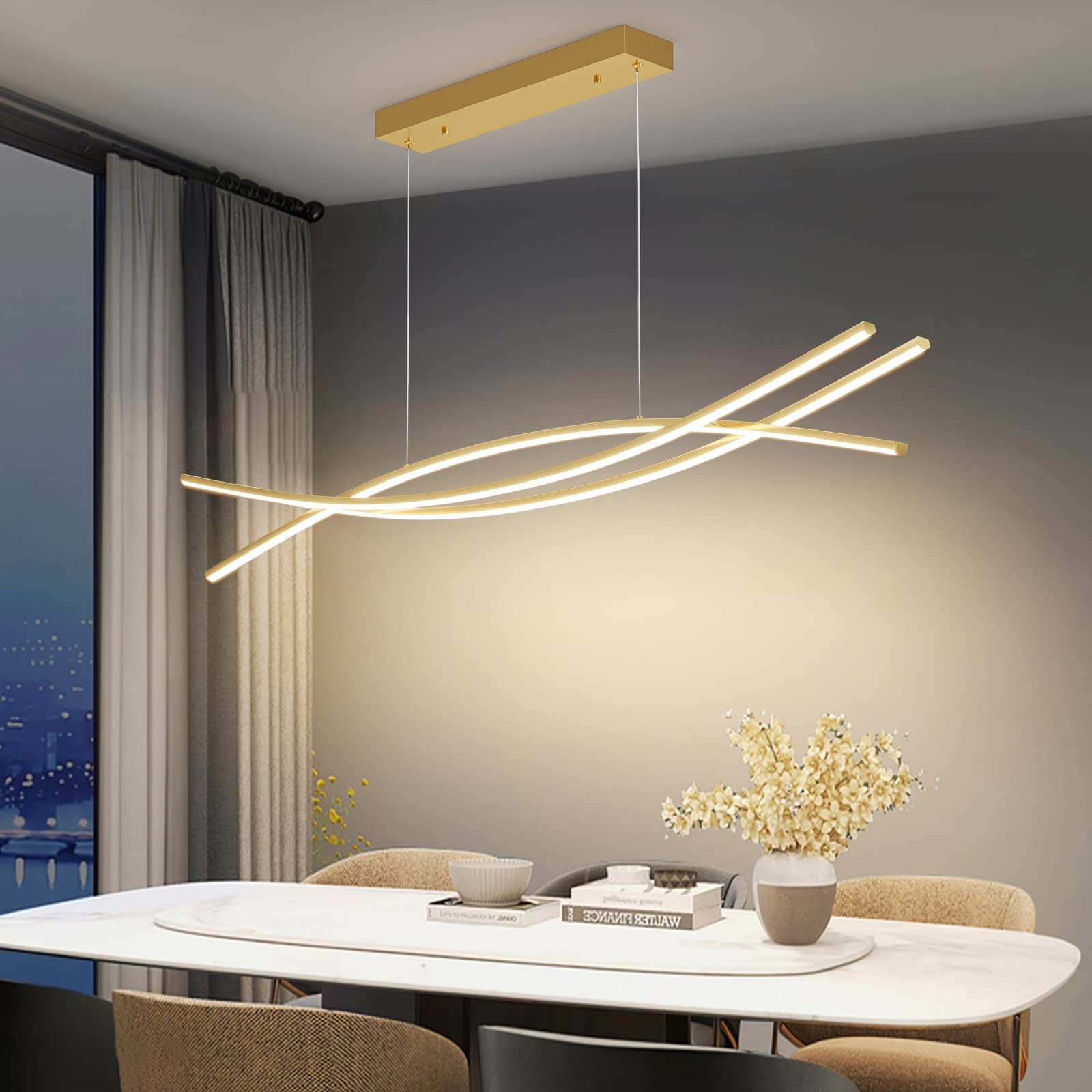 Modern Chandelier, Linear Pendant Light LED Dimmable Hanging Light Fixture, 3000K-6500K with Remote Control (Black, 47IN)
