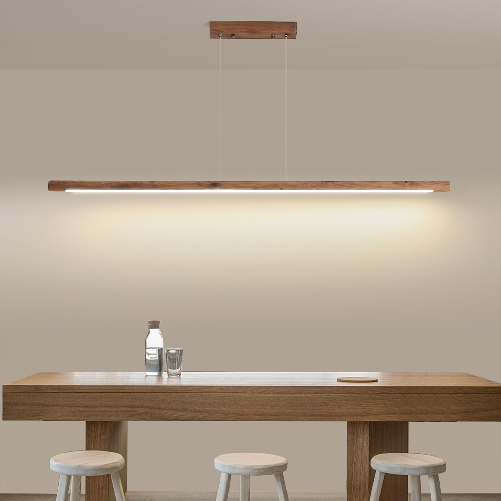 Modern Wooden Pendant Light, 47IN Walnut Wooden Chandelier with Remote Control 3000k-6500K Adjustable Color Temperature，Aluminum Island Lighting Lamp for Dining Room, Living Room