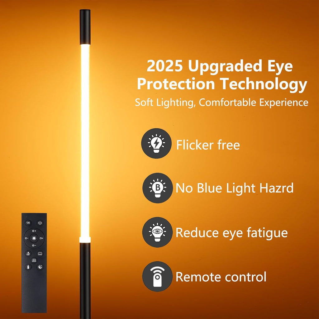 LED Dimmable Floor Lamp with Remote & Foot Switch, 2700–6000K Adjustable Color Temperature & Stepless Dimming, Slim Linear Tube Tall Standing Lamp, Modern Black Corner Lamp for Living Room Bedroom
