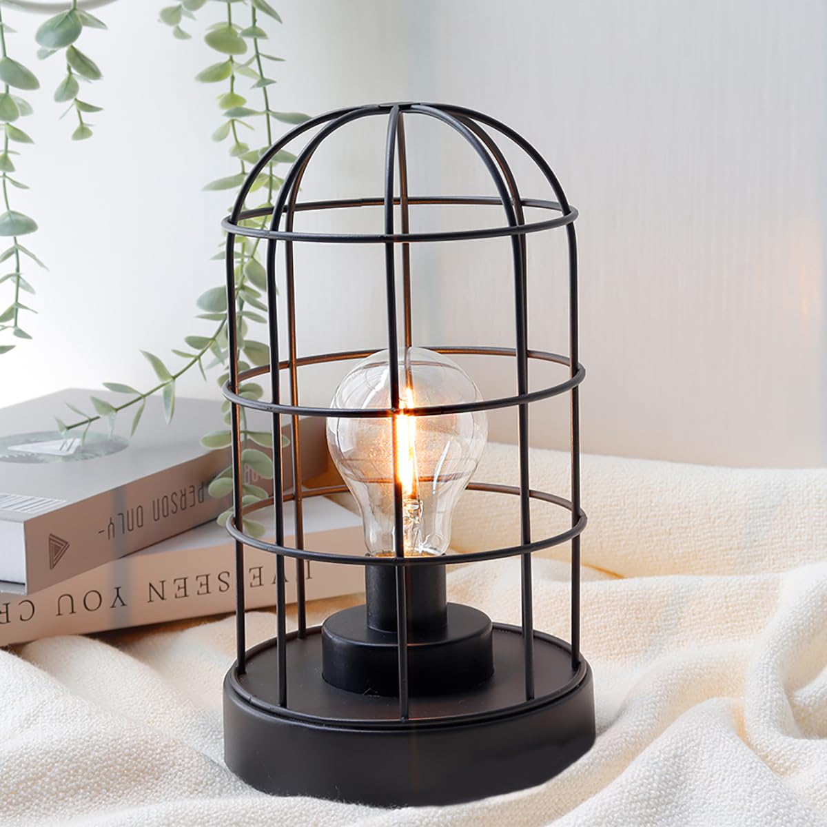JHY DESIGN 10” Vintage Metal Cage Table Lamp, Battery Operated Cordless LED Decorative Lantern, Rustic Brown Sand Finish Lamp for Bedroom Living Room Kitchen Patio Wedding Home Decor (Black)