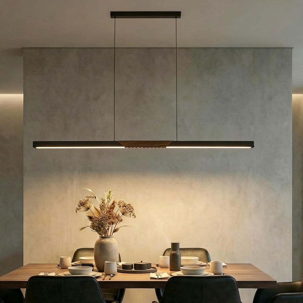 94″ Black Linear Pendant Light - Dimmable High Output LED, Modern Black Finish with Walnut Wood Grain Accent, 8ft Length Perfect for Pool Table, Dining Room, Conference Room