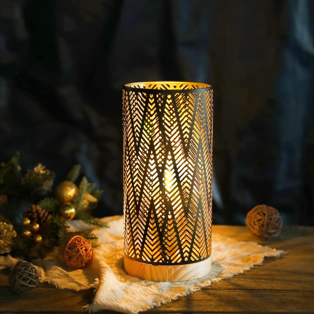 JHY DESIGN Metal Lamp Battery Powered 11''H Accent Cordless Decor Battery Lamp with 6-Hours Timer for Weddings Party Patio Garden Indoor Outdoor Table Balcony Christmas Decorations (with Wooden Base)