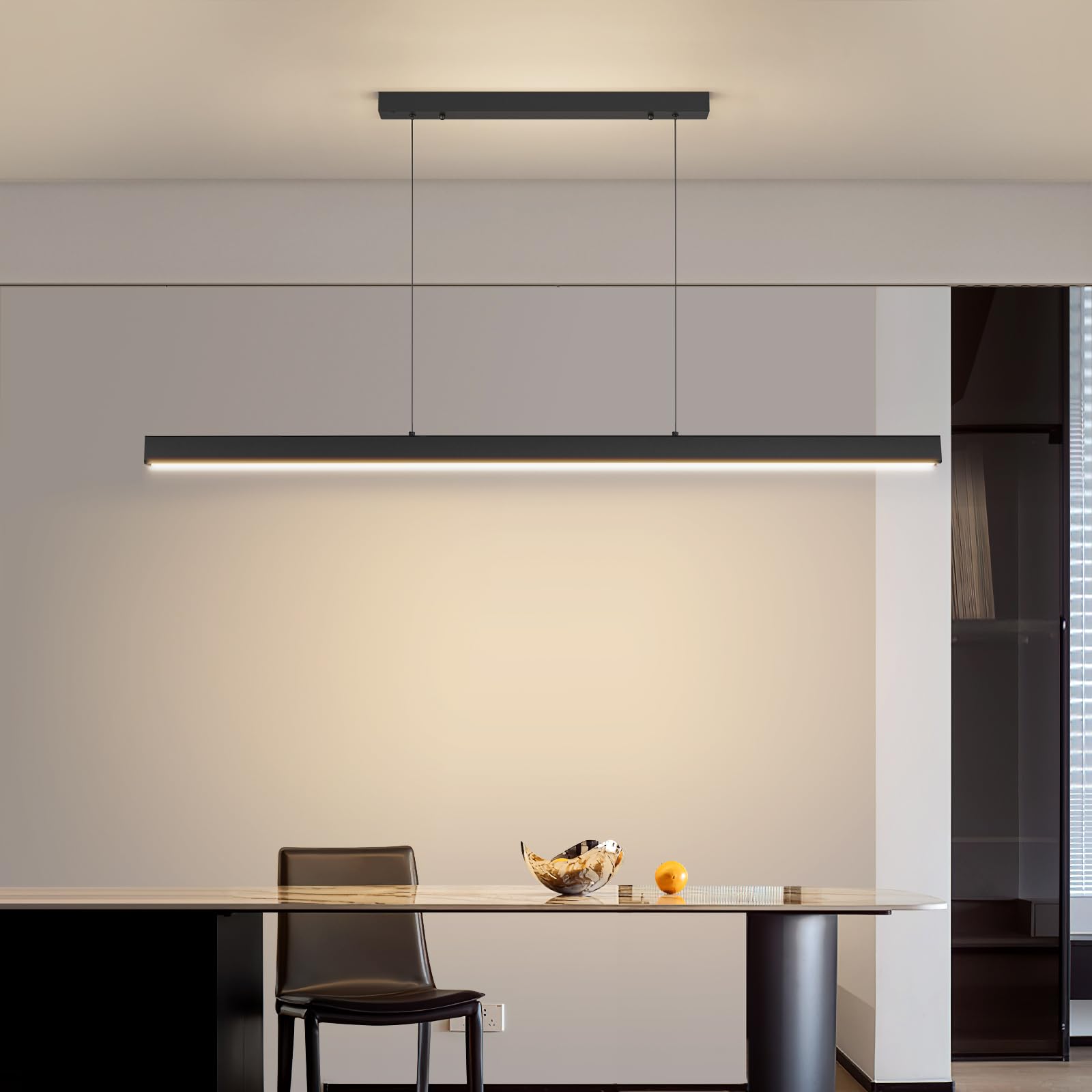 Modern Wooden Pendant Light, 47IN Walnut Wooden Chandelier with Remote Control 3000k-6500K Adjustable Color Temperature，Aluminum Island Lighting Lamp for Dining Room, Living Room