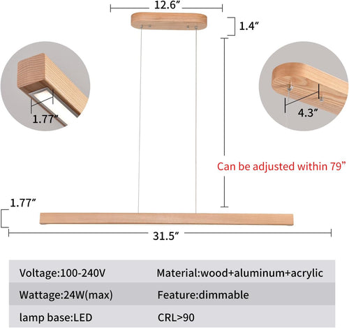 31" Wooden Linear Pendant Light LED Pendant Light Dimmable Pool Table Island Lights Modern Linear Chandeliers for Dining Room Kitchen Ceiling Pendant Lamp for Dining Room Kitchen Island Natural