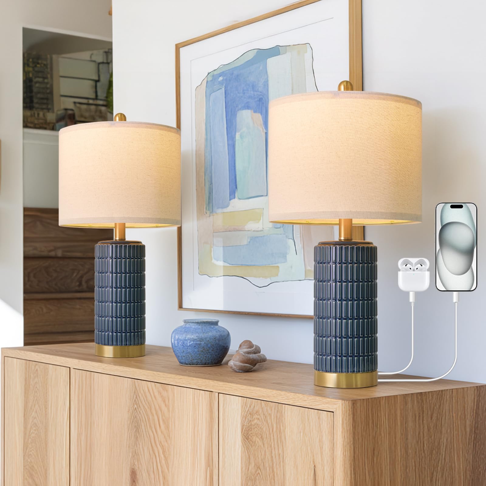 PoKat 20.75" Small Modern Ceramic Table Lamps Set of 2 for Bedroom, White Bedside Lamps for Night Stands, Farmhouse Desk Home Decor Gift Nightstand Table Lamps for Living Room End Table Beige