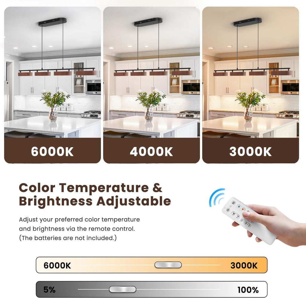 50.2" Kitchen Island Lights, 38W Wood Dining Room Light Fixtures Over Table, Dimmable Linear Pendant Lights for Kitchen Island, 4-Light Rustic Hanging Farmhouse Chandeliers, Walnut Color