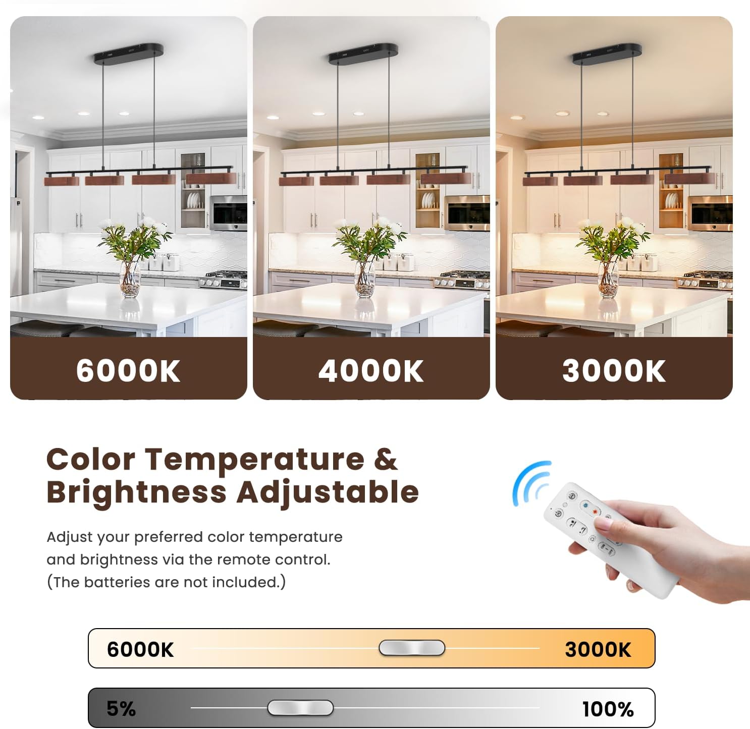 50.2" Kitchen Island Lights, 38W Wood Dining Room Light Fixtures Over Table, Dimmable Linear Pendant Lights for Kitchen Island, 4-Light Rustic Hanging Farmhouse Chandeliers, Walnut Color