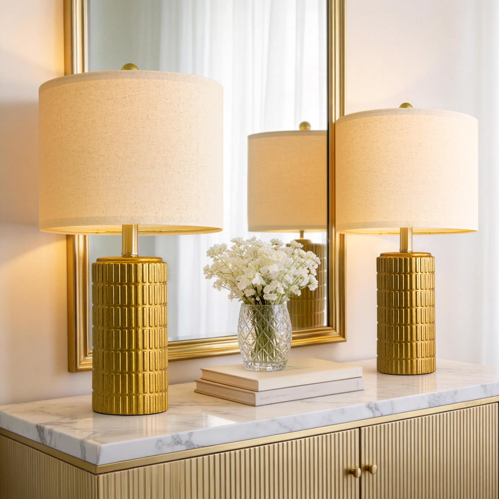 PoKat 20.75" Small Modern Ceramic Table Lamps Set of 2 for Bedroom, White Bedside Lamps for Night Stands, Farmhouse Desk Home Decor Gift Nightstand Table Lamps for Living Room End Table Beige