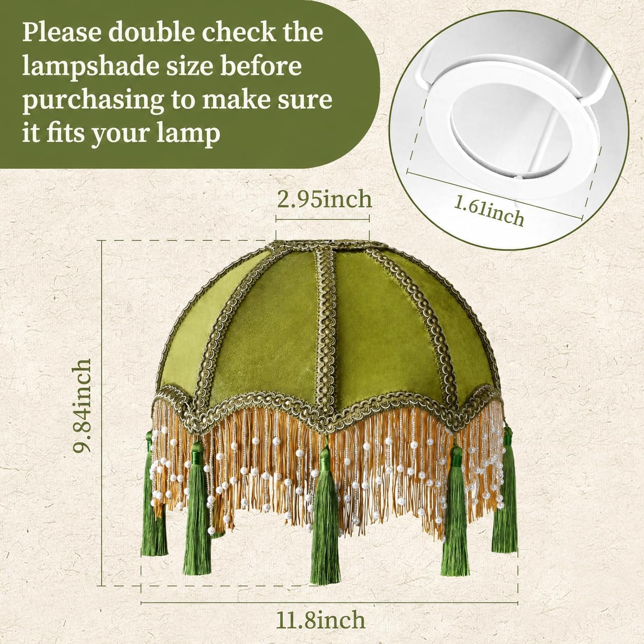 11.8 Inch vintage Lampshade With Olive Green Velvet Tassel, Victorian Fringe Lamp Shade with Beads,Handmade Scallop Bell-Shaped Replacement Shade,E26/E27 bulb base for Table Lamp & Floor Lamp(1 Pack)
