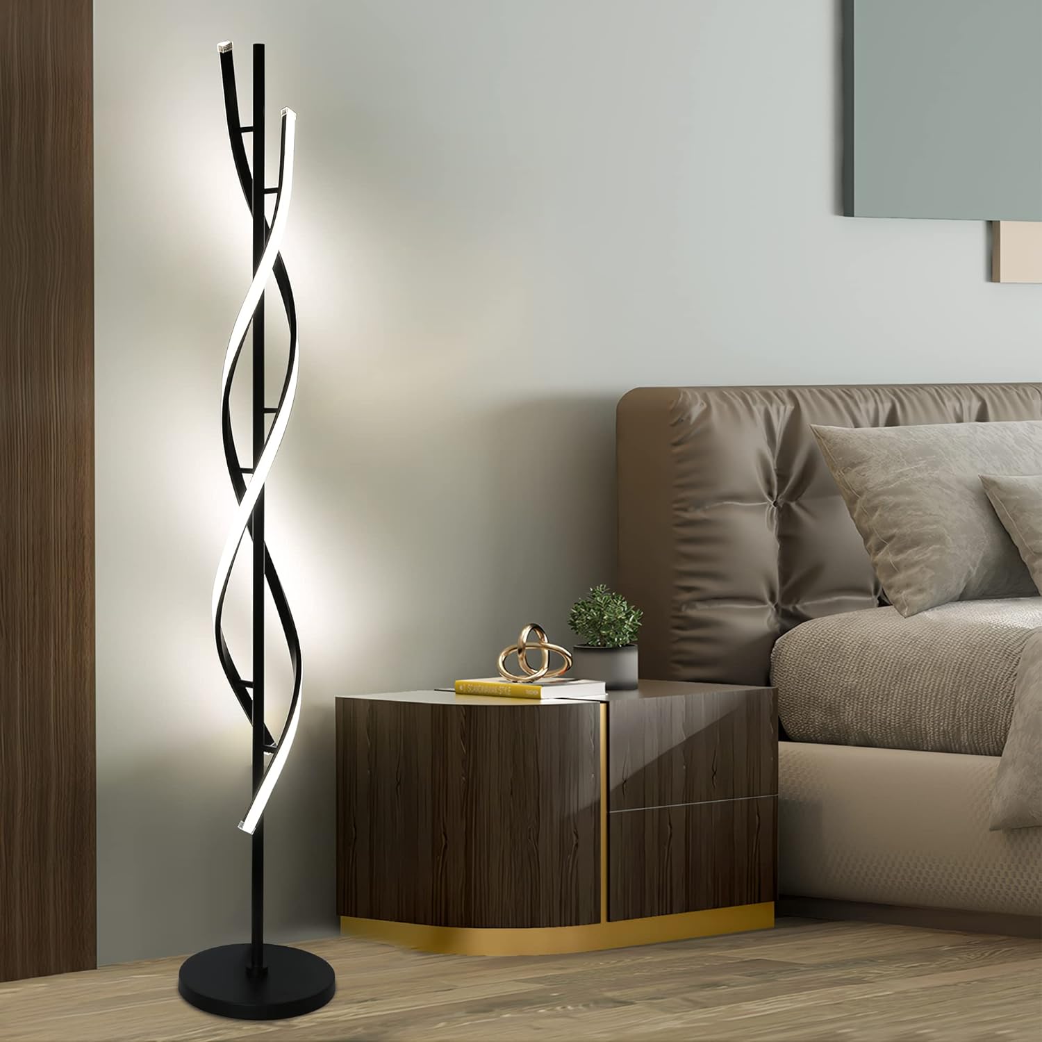 Modern Spiral Floor Lamp for Living Room, 30W Dimmable Led Corner Floor Lamp with Remote Control, 53 Inch Black Floor Lamps 3 Color Tall Corner Reading Lamp Standing Floor Lamps for Bedroom