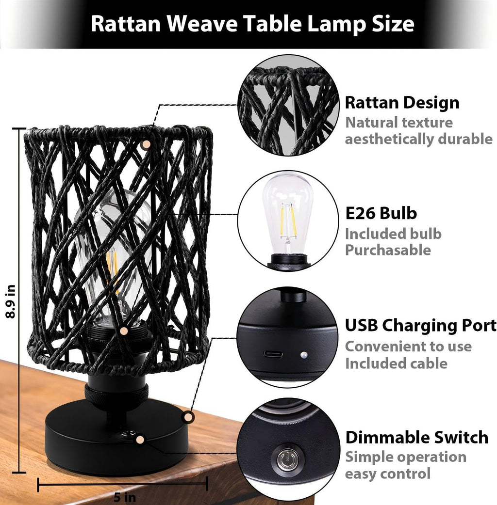 Cordless Outdoor Table Lamps, Small Rattan Boho, Rechargeable Battery Operated for Outdoor Patio, Home, Living Room, Bedroom, Bedside - Set of 2 (Black-A)