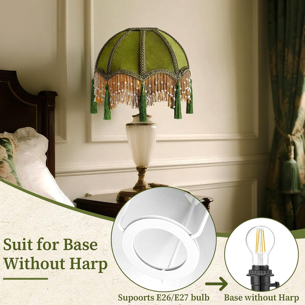 11.8 Inch vintage Lampshade With Olive Green Velvet Tassel, Victorian Fringe Lamp Shade with Beads,Handmade Scallop Bell-Shaped Replacement Shade,E26/E27 bulb base for Table Lamp & Floor Lamp(1 Pack)