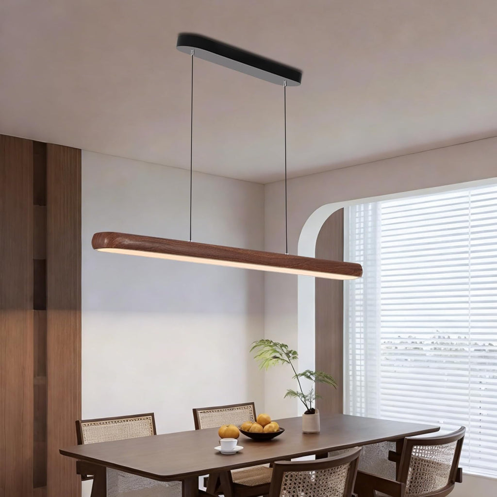 47" Wood Grain Pendant Lights Kitchen Island Lights LED Linear Hanging Light Modern Chandelier for Dining Room Table Dimmable with Remote Control & Memory Function Lighting Fixture