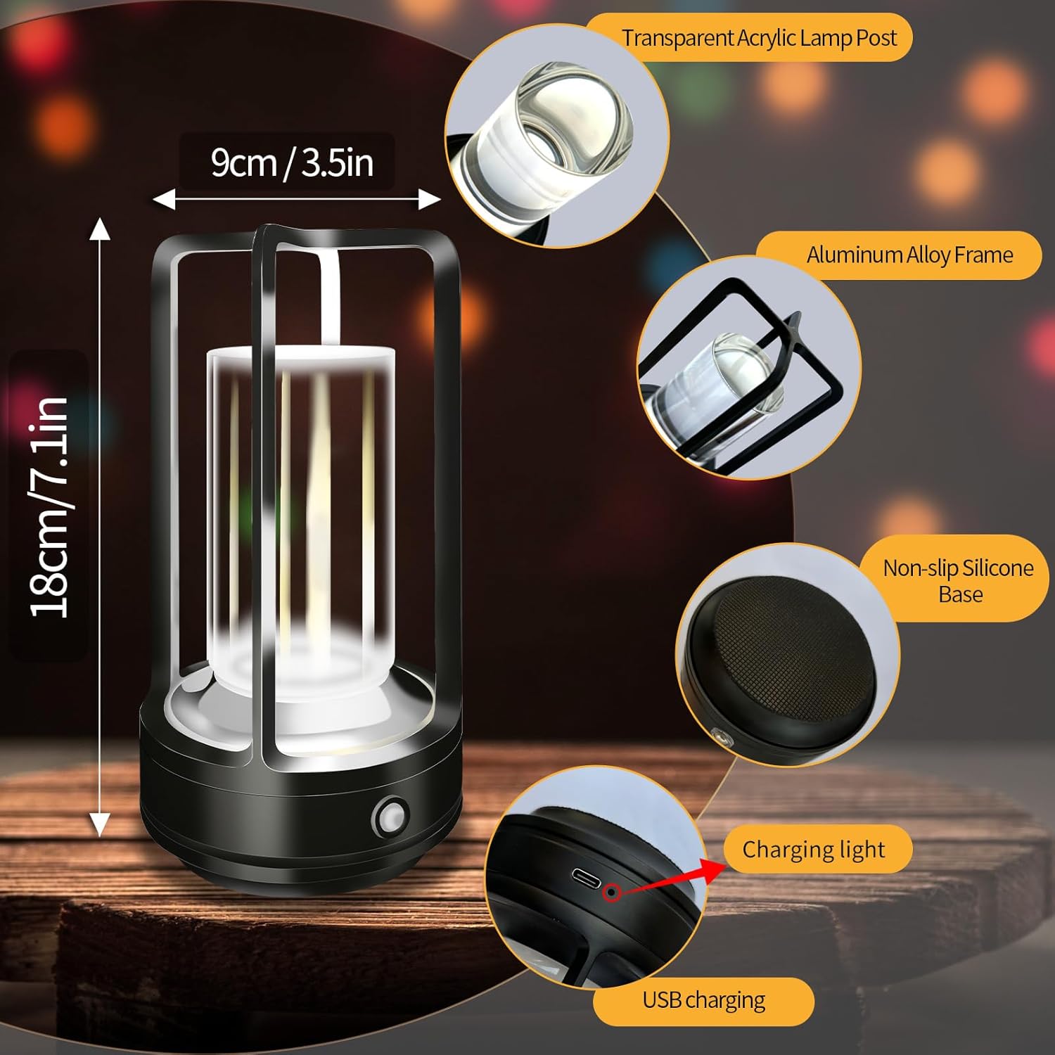 Portable Metal Table Lamp, 4000 mAh Outdoor Table Lights Rechargeable, 3 Color Stepless Dimmable Battery Operated Lamp for Patio, Camping, Bar Samll Desk Lamp for Indoor/ Outdoor (Black)