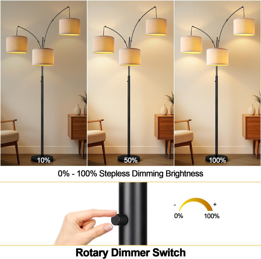Dimmable 3 Lights Floor Lamp - 3000LM Super Bright Arc Floor Lamps for Living Room, Modern Tall Standing Lamp With Beige Shades, Mid Century Tree Floor Lamp for Bedroom Office, 3 LED Bulbs Included