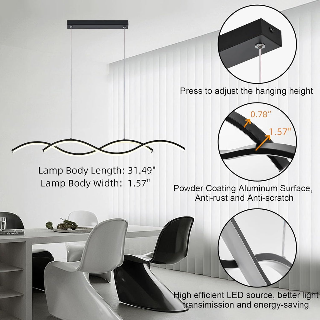 Modern LED Chandelier 31.49in Waving Linear Pendant Light Dimmable 3000K-6000K with Remote Control Hanging Island Light Fixture for Dining Room Living Room