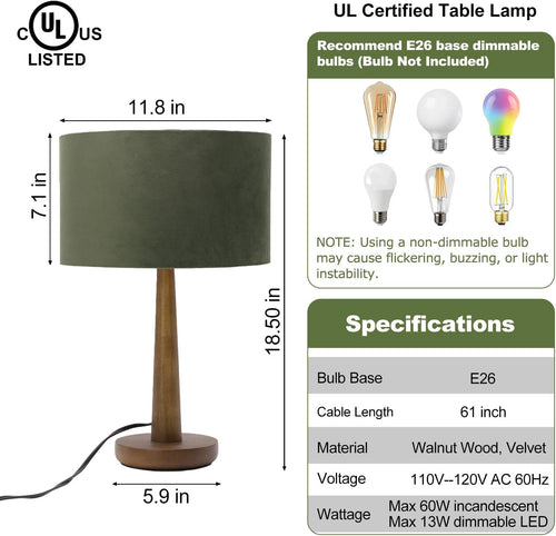 18.5" Table Lamp for Living Room, Dimmable Modern Walnut Wood Desk Lamps for Bedroom, UL Listed Nightstand Lamp, End Table Lamps for Console Entryway, Office, Dorm, Home Decor, Green Velvet Shade