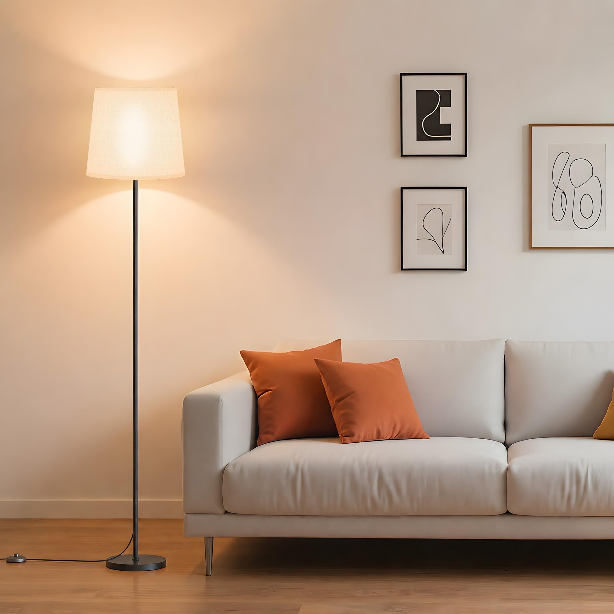 SIBRILLE Floor Lamp with Linen Shade - 62" Dimmable LED Standing Lamp with Remote Control, 9W E26 Bulb Included, 3000-6000K, Modern Floor Reading Light for Bedroom Living Room Office Corner, Black