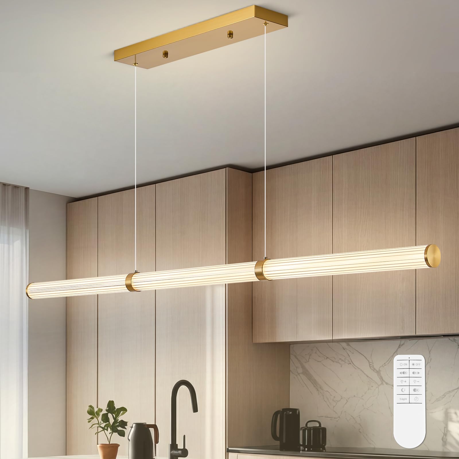 Modern Linear Chandelier Gold Linear Pendant Light Fixture, LED Dimmable Island Chandelier for Kitchen Island Lighting, Dining Room, and Living Room, Over Table Easy to Install.