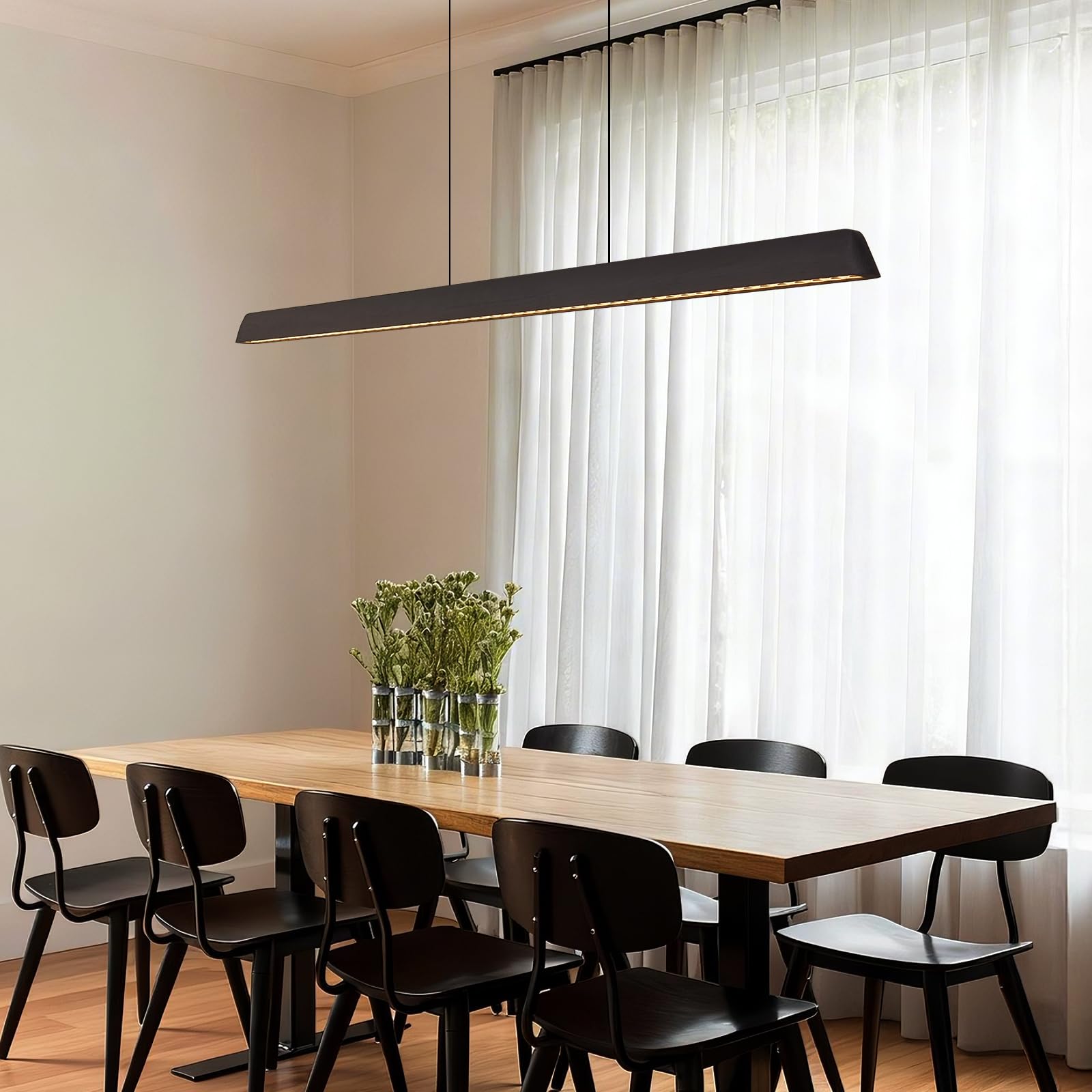 57" Wood Linear Pendant Light, Dimmable Kitchen Island Lighting with Remote, 30W LED Island Lights for Kitchen, Adjustable Linear Chandelier for Dinning Room Light Fixture, Bar, Pool Table Light