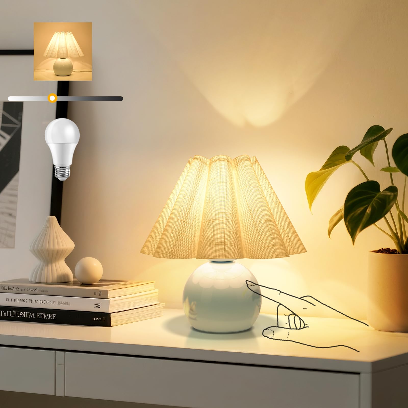 Brass Gold Small Bedside Lamp, Scalloped Shade Table Lamp for Bedroom Living Room