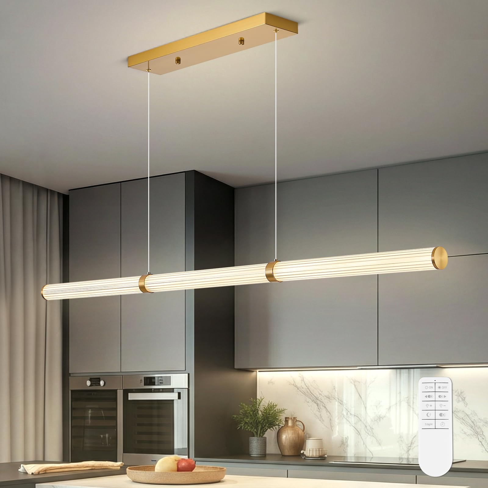Modern Linear Chandelier Gold Linear Pendant Light Fixture, LED Dimmable Island Chandelier for Kitchen Island Lighting, Dining Room, and Living Room, Over Table Easy to Install.