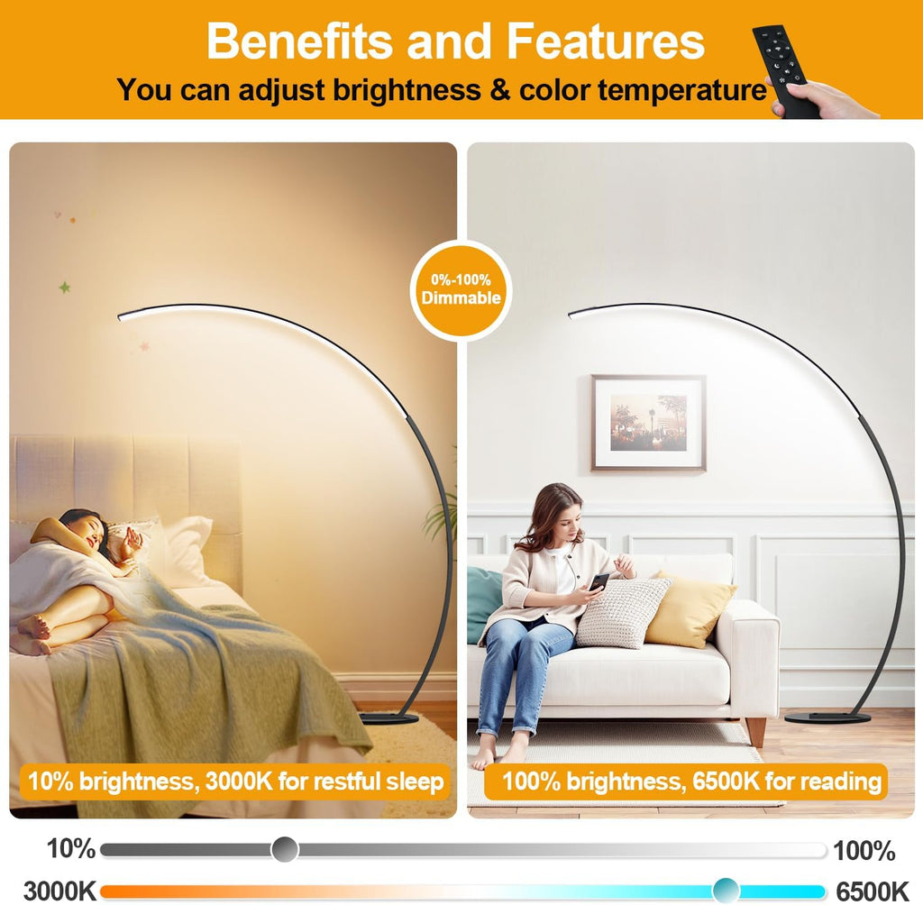 Modern LED Arc Standing Lamp, 2000LM 3 Colors Dimmable with Remote
