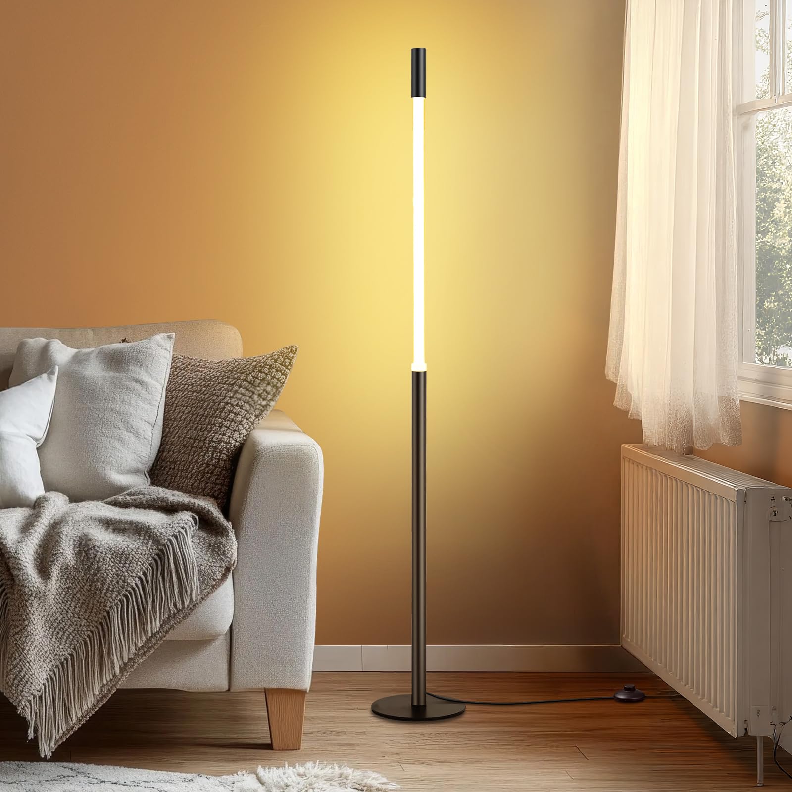 LED Dimmable Floor Lamp with Remote & Foot Switch, 2700–6000K Adjustable Color Temperature & Stepless Dimming, Slim Linear Tube Tall Standing Lamp, Modern Black Corner Lamp for Living Room Bedroom
