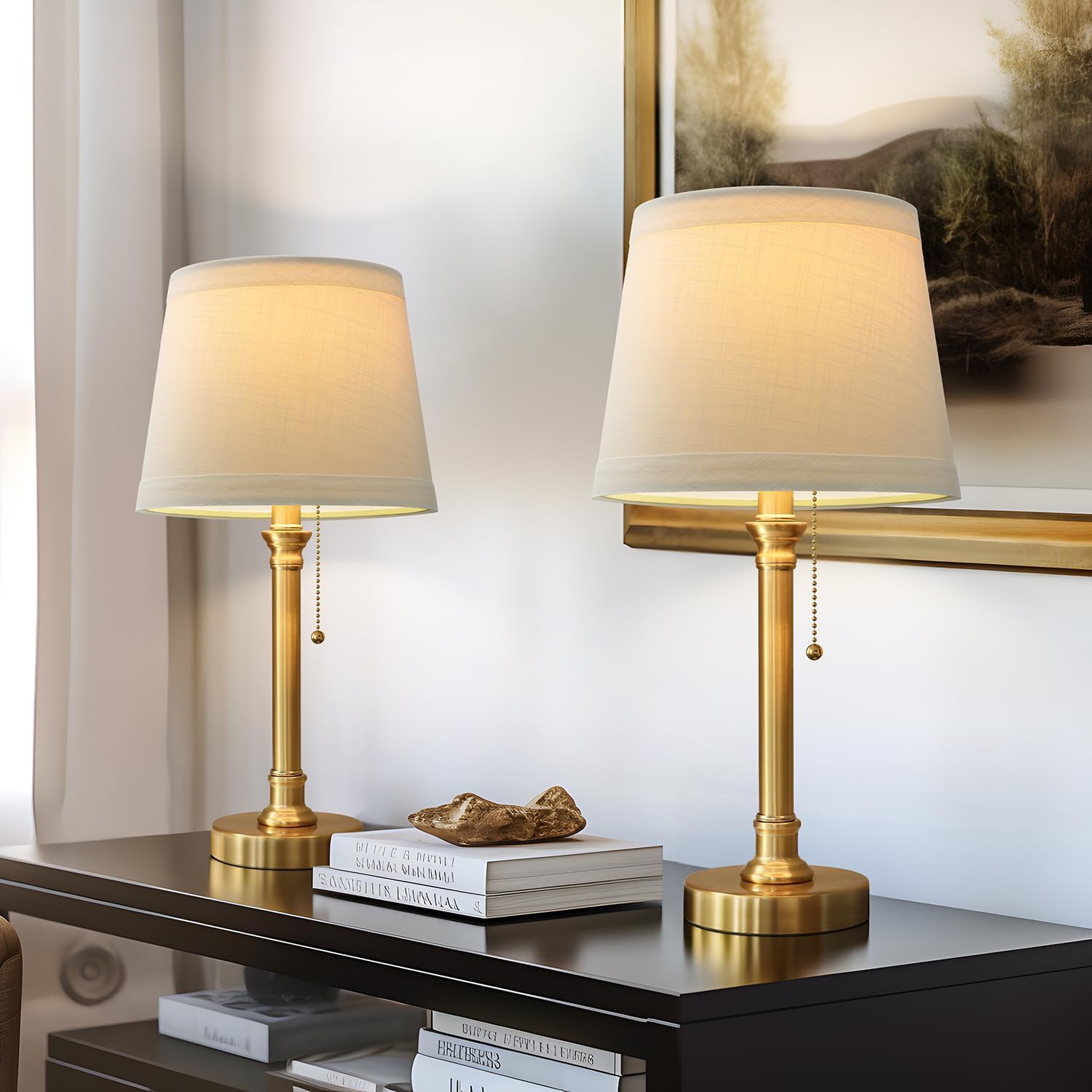 Oneach 19.5” Warm Gold Table Lamps Set of 2, Pull Chain Switch Bedside Table Lamps, Modern Nightstand Lamp with Linen Shade, Small Desk Lamp for Living Room, Bedroom, Home Office, Nursery