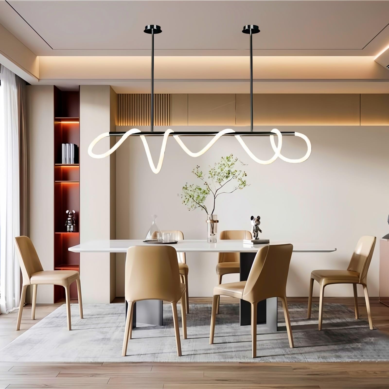 Modern Dimmable Desk Linear Pendant Light, with Remote 3 Color Mode & Brightness Ring Chandelier, 47 in Dining Room Ceiling Lamp Fixture, Gold Restaurant Kitchen Long Hose Lamp