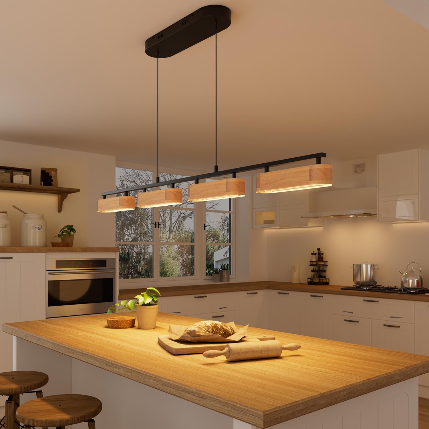50.2" Kitchen Island Lights, 38W Wood Dining Room Light Fixtures Over Table, Dimmable Linear Pendant Lights for Kitchen Island, 4-Light Rustic Hanging Farmhouse Chandeliers, Walnut Color