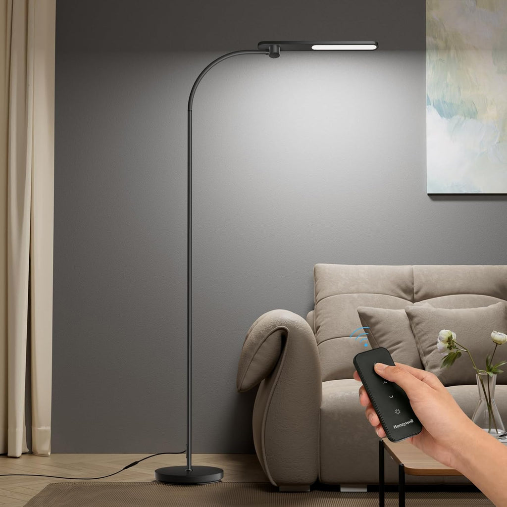 Honeywell LED Floor Lamp for Reading, CRI97 Full Spectrum Gooseneck Floor Lamp with Remote, Eye-Caring Dimmable Standing Task Light, 3 Color Temperatures, 77.5" Tall for Living Room Bedroom Office