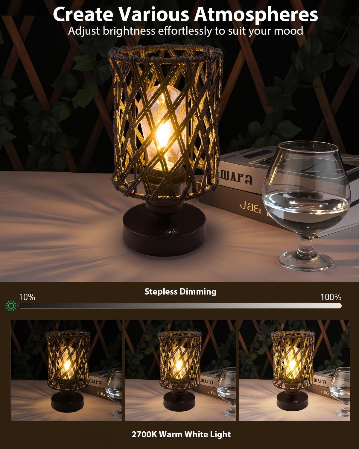Cordless Outdoor Table Lamps, Small Rattan Boho, Rechargeable Battery Operated for Outdoor Patio, Home, Living Room, Bedroom, Bedside - Set of 2 (Black-A)