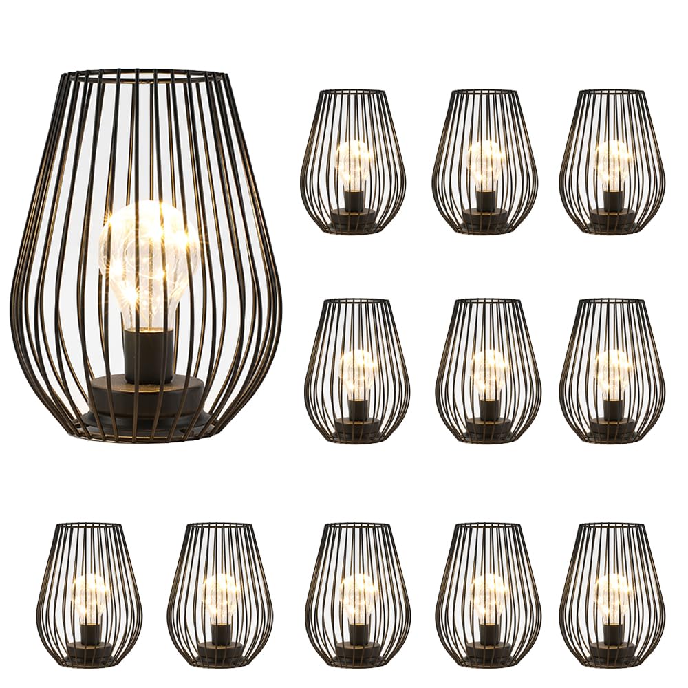 TRIROCKS Metal Cordless Table Lamp - 8'' Tall Set of 2 Cage Shape Battery Operated Lamp with Fairy Lights Bulb for Indoor/Outdoor Use Perfect for Christmas Garden and Weddings (Black,Set of 2)