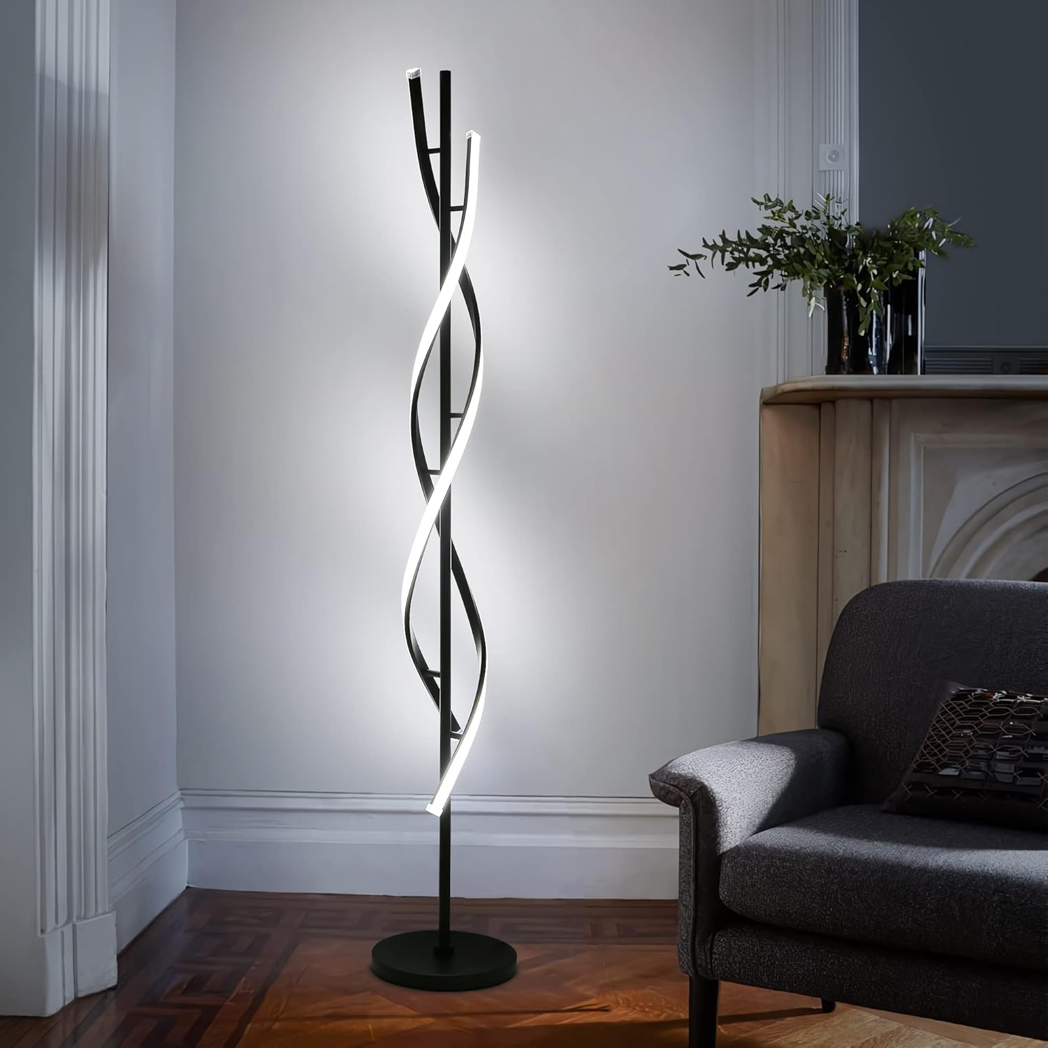 Modern Spiral Floor Lamp for Living Room, 30W Dimmable Led Corner Floor Lamp with Remote Control, 53 Inch Black Floor Lamps 3 Color Tall Corner Reading Lamp Standing Floor Lamps for Bedroom