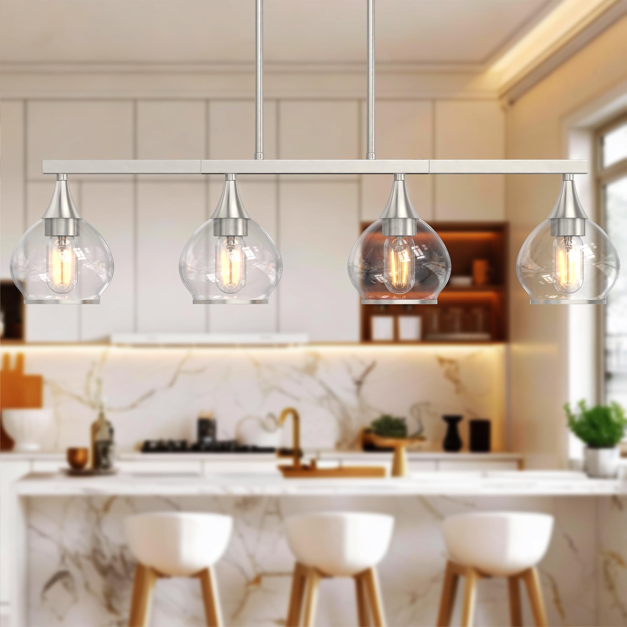 Kitchen Island Linear Pendant Light, 3-Light Gold Dining Room Chandelier with Clear Glass Globe Shades, Modern Linear Lighting Fixture Over Table