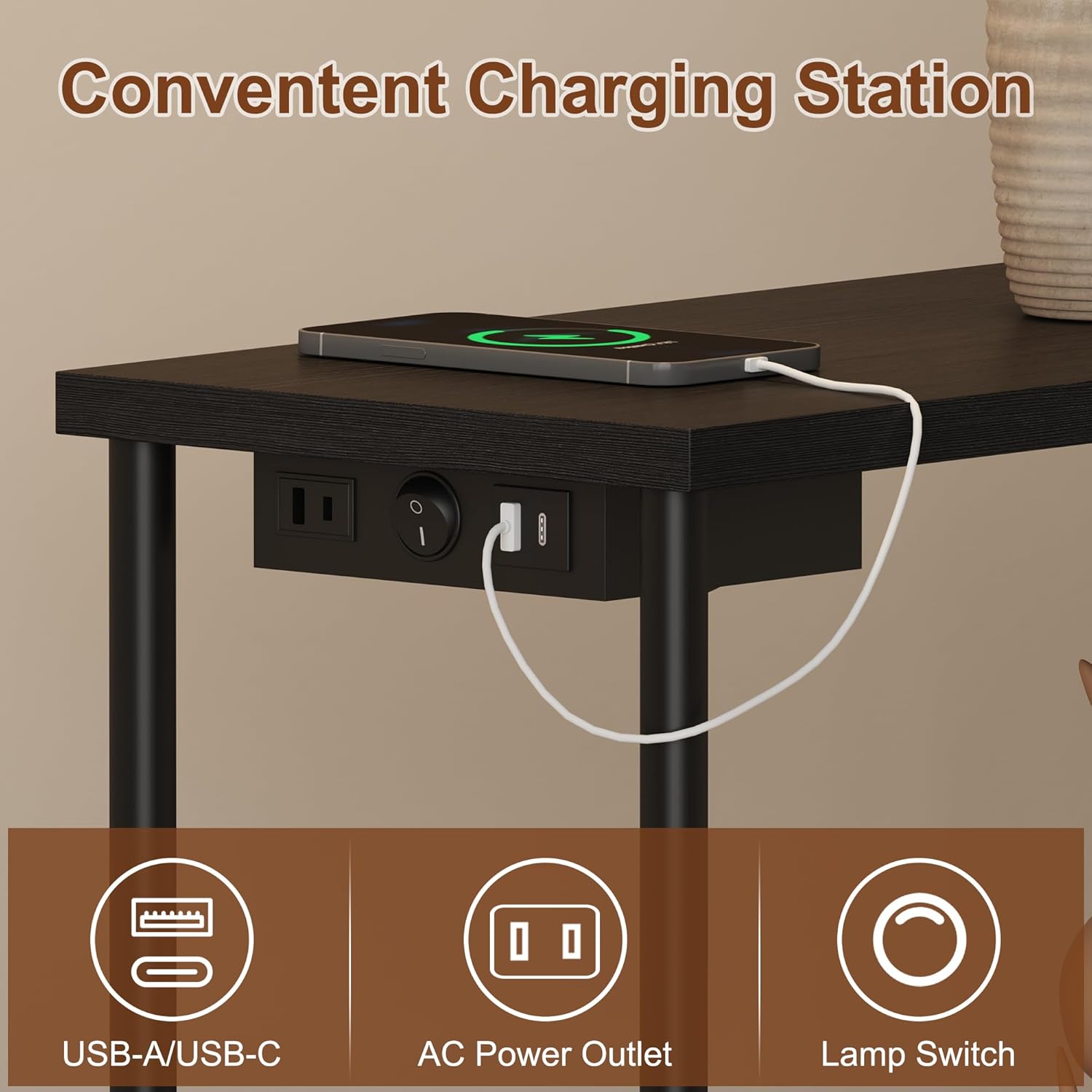 LED Floor Lamp with Table, 15W Bright Reading floor lamp with Remote & Touch Control, Narrow Side Table with USB Charging Station and AC Port, End Table for Bedroom, Living Room and Home Office, Black