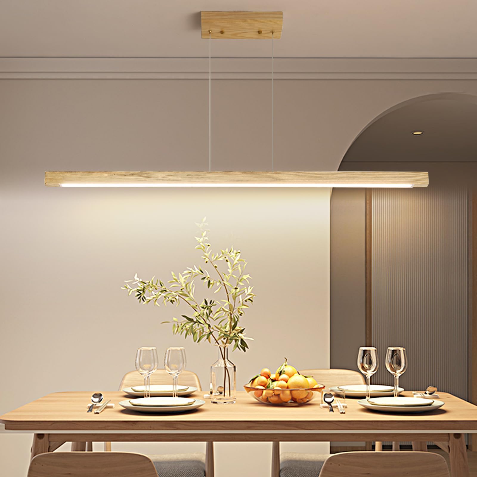 Modern Wooden Pendant Light, 47IN Walnut Wooden Chandelier with Remote Control 3000k-6500K Adjustable Color Temperature，Aluminum Island Lighting Lamp for Dining Room, Living Room