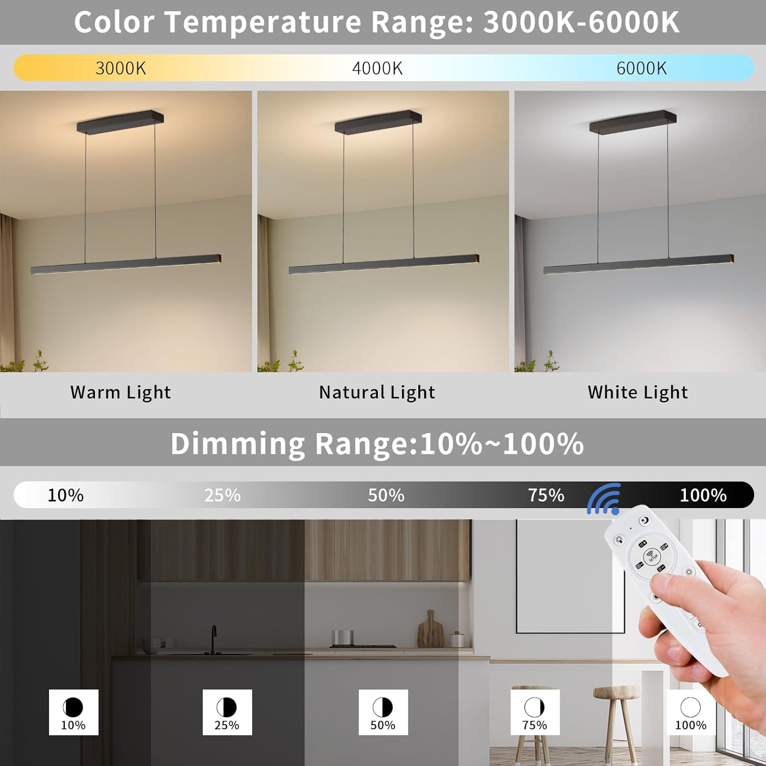 Modern Ceiling Pendant Light,47in LED Black Linear Ceiling Chandelier Light Dining Room,Living Room,Warm & Cool, Neutral Light,Aluminum Island Lighting Hanging Pendant Light for Kitchen