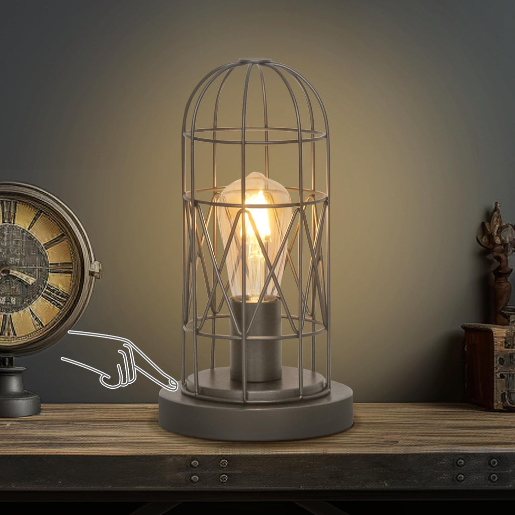 Industrial Table Lamp, Small Touch Lamp with Rustic Cage Vintage Bedside Lamp 3 Way Dimmable Nightstand Lamp Edison Desk Lamp for Bedroom, Living Room, Hallway, Entryway, Kitchen, 4W LED Bulb Included