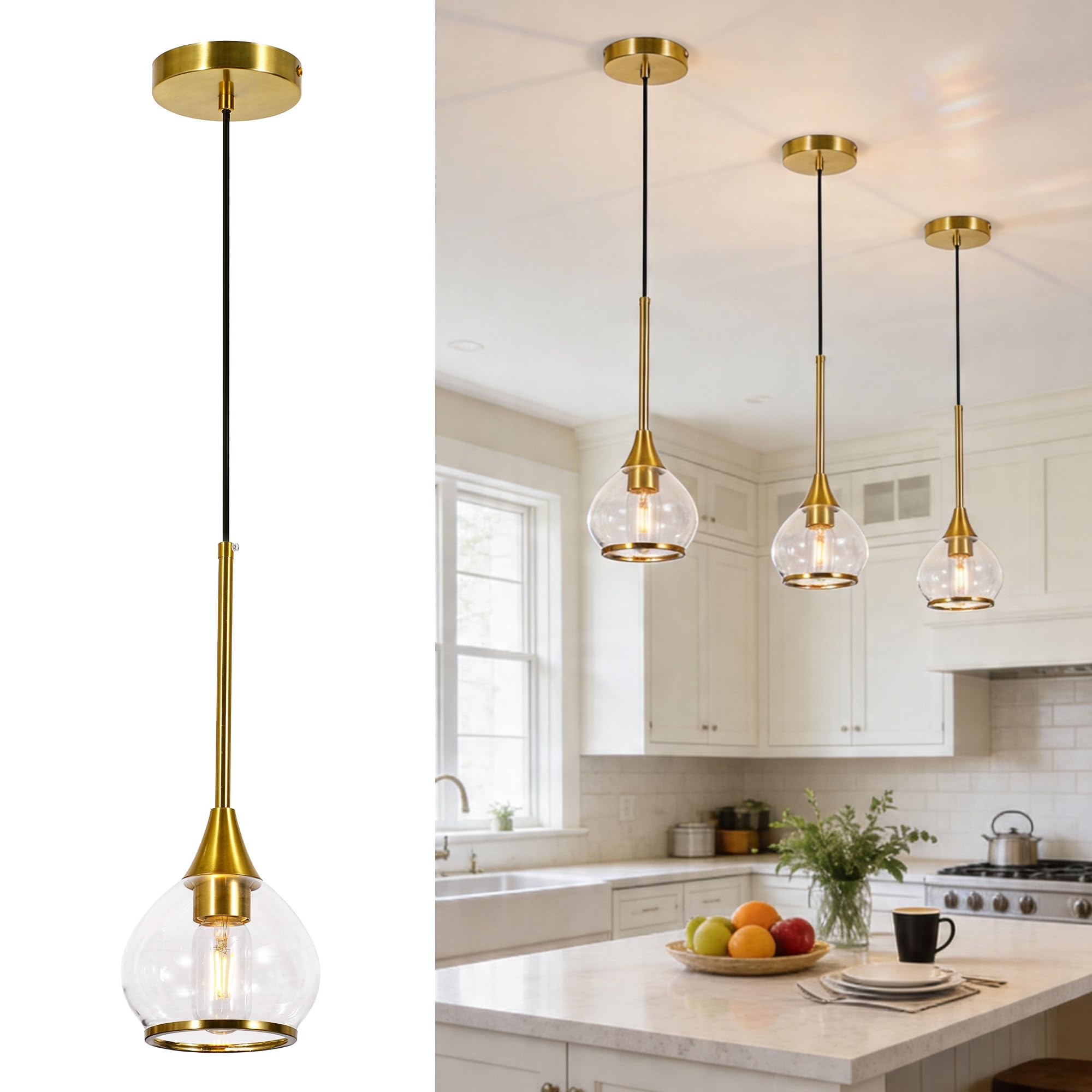 Kitchen Island Linear Pendant Light, 3-Light Gold Dining Room Chandelier with Clear Glass Globe Shades, Modern Linear Lighting Fixture Over Table