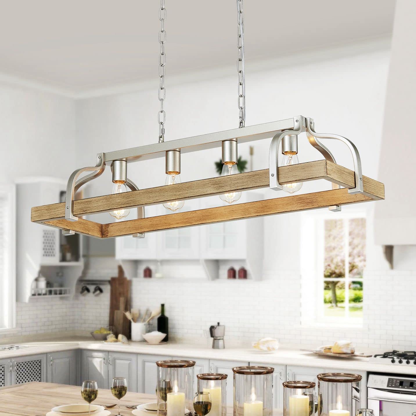WUZUPS 5-Light Metal Chandelier Imitation Wood Grain Linear Pendant Ceiling Lighting Rustic Farmhouse Fixture Kitchen Island Dining Room, H 8.5" L 31.5" W10, E26 Base, Black & Retro Wood