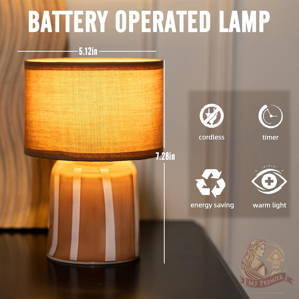MJ PREMIER Battery Operated Lamp with Timer, Small Cordless Lamp with Glass Base, Fabric Shade Portable Table Lamp for Bedroom Living Room Bedside Home Decor (Brown)