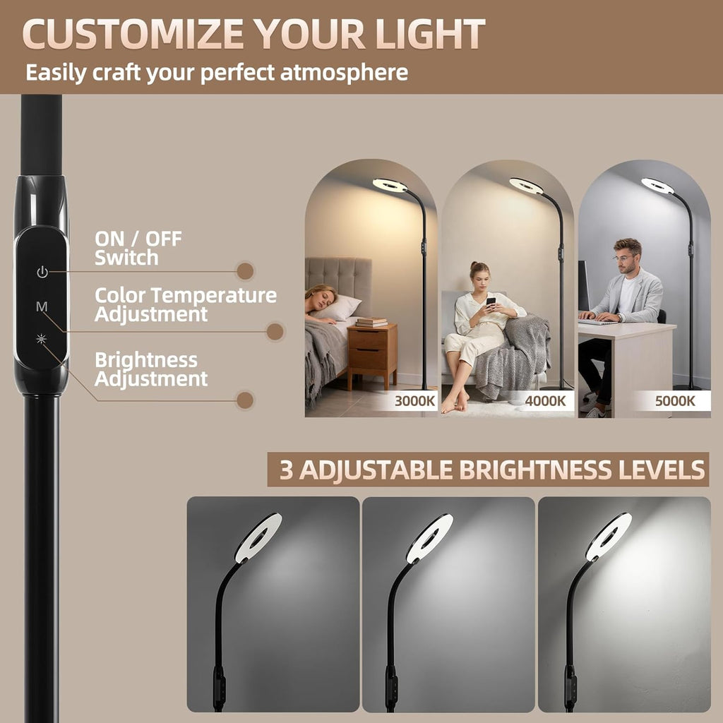 GyroVu LED Floor Lamp, 70'' Bright Reading Floor Lamps for Living Room, Dimmable & Adjustable Color Temperature, Touch Control Standing Tall Lamp, Gooseneck Floor Light for Bedroom Office, Black